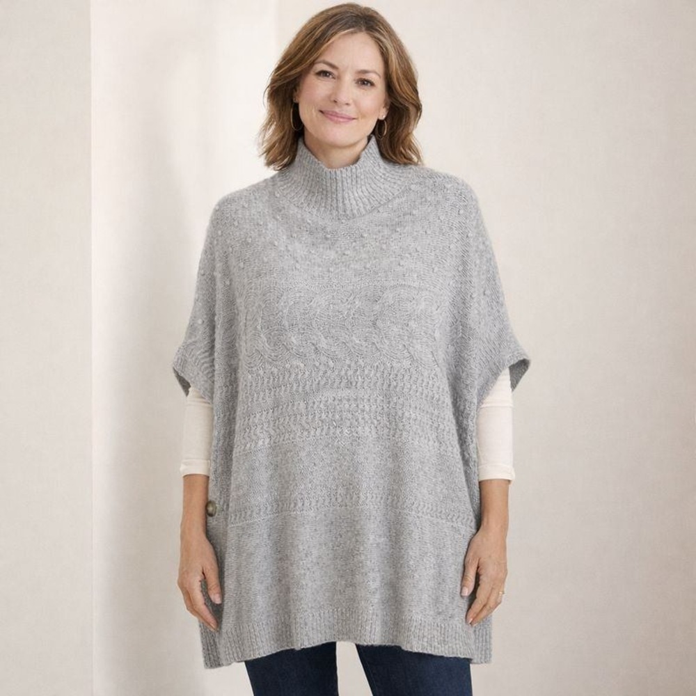 Talbots Gray Cable Knit Poncho Sweater Mock Neck Side Button | Size Small Cozy